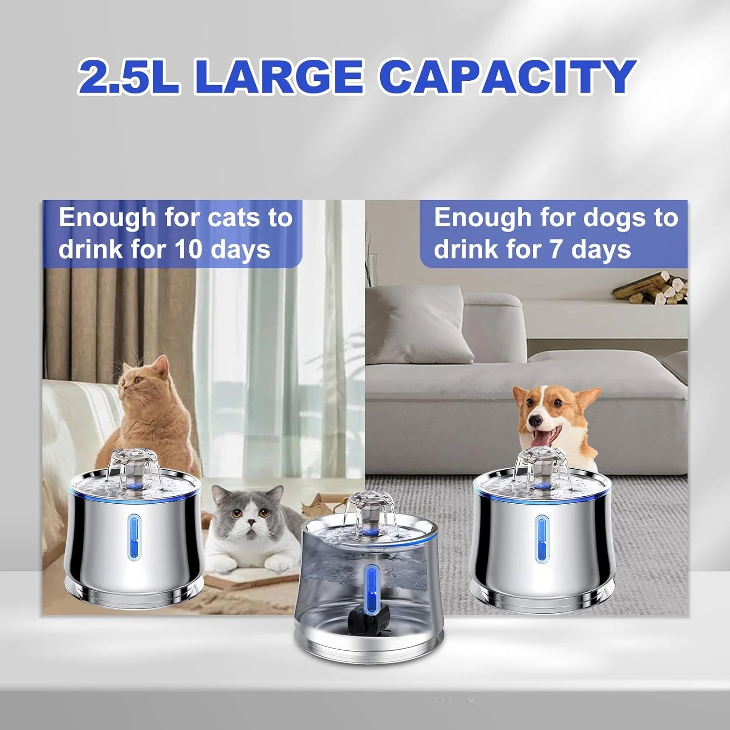Automatic 2.5L Stainless Steel Pet Water Fountain Portable Rounded Cat Drinking Fountain with Water Level Window