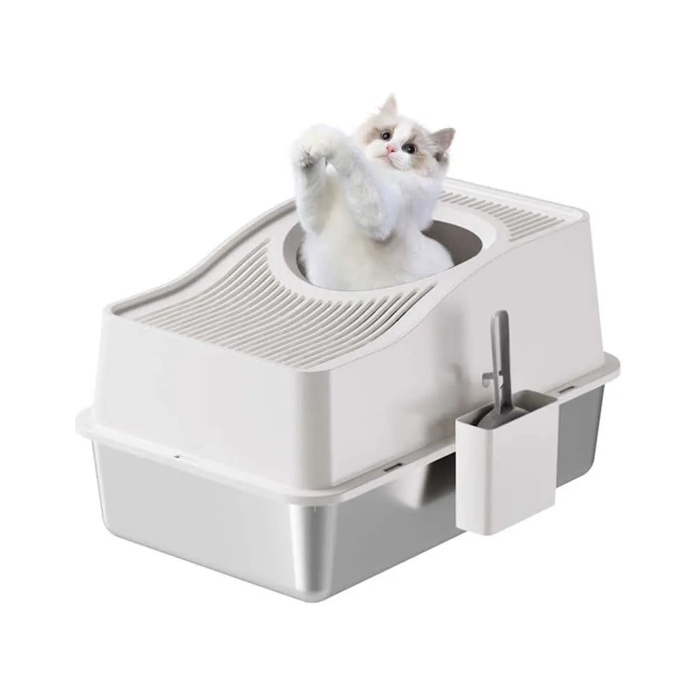 Custom Semi-Enclosed Stainless Steel Cat Litter Box With Ventilated Lid High Walls Anti Splash Top Entry Cat Toilet with Handle