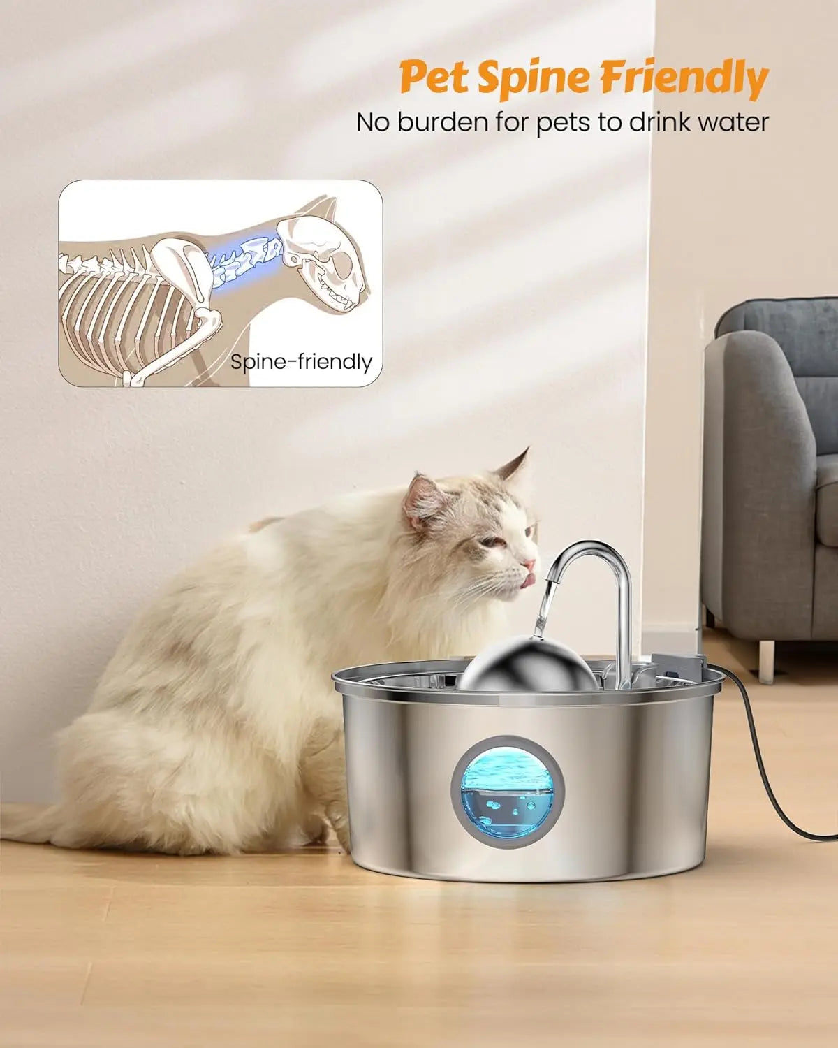 108oz/3.2L Stainless Steel Automatic Pet Water Fountain with Sphere for Outdoor Travel Cat Water Fountain Cat Products