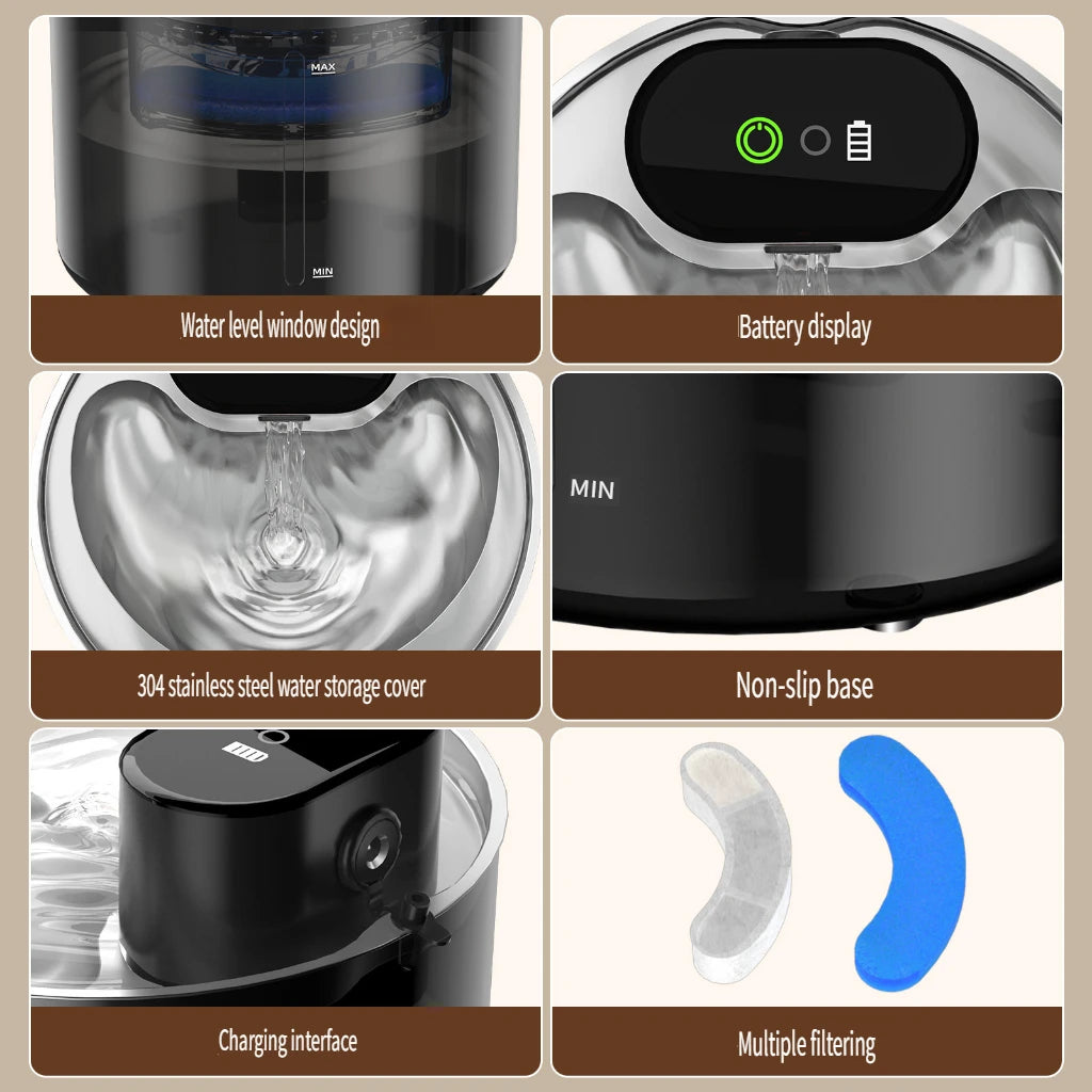 3.5L Rechargeable 5000mAh OEM Automatic Cat Water Fountain Sensor Screen Touch Control Stainless Steel Easy Clean Cat Fountain