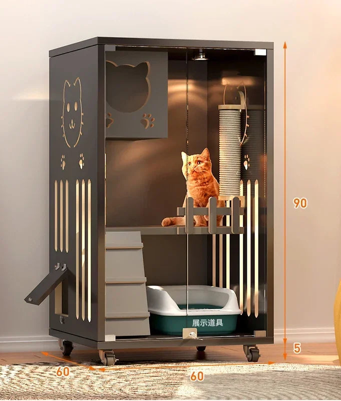 Retro Solid Wood Cat Cage for Living Room Cat House Two-layer One-piece Movable Light Luxury Creative Household Cage for Cats