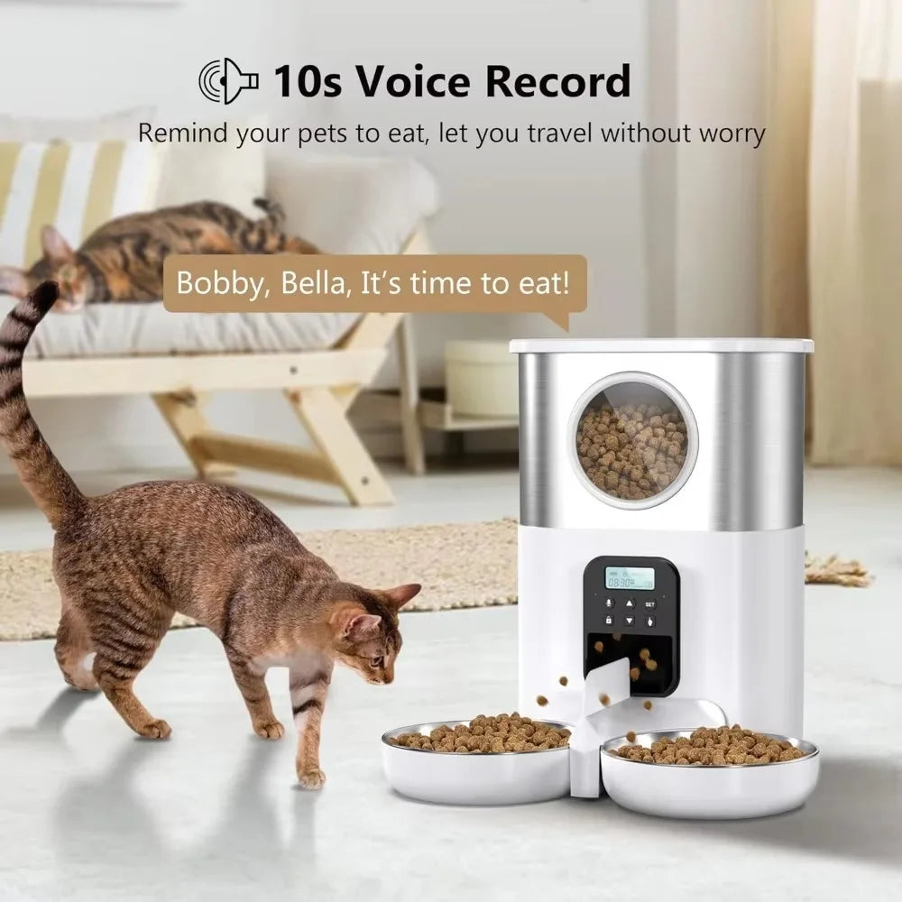 5L Dual Bowls Stainless Steel Automatic Cat Feeders Timed Pet Dry Food Dispenser with Voice Record Button Control for Two Cats