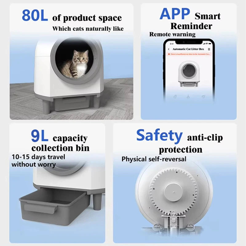 Self Cleaning Plastic Smart Litter Box for Multiple Cats 80L Automatic APP Control Odor Removal Safety