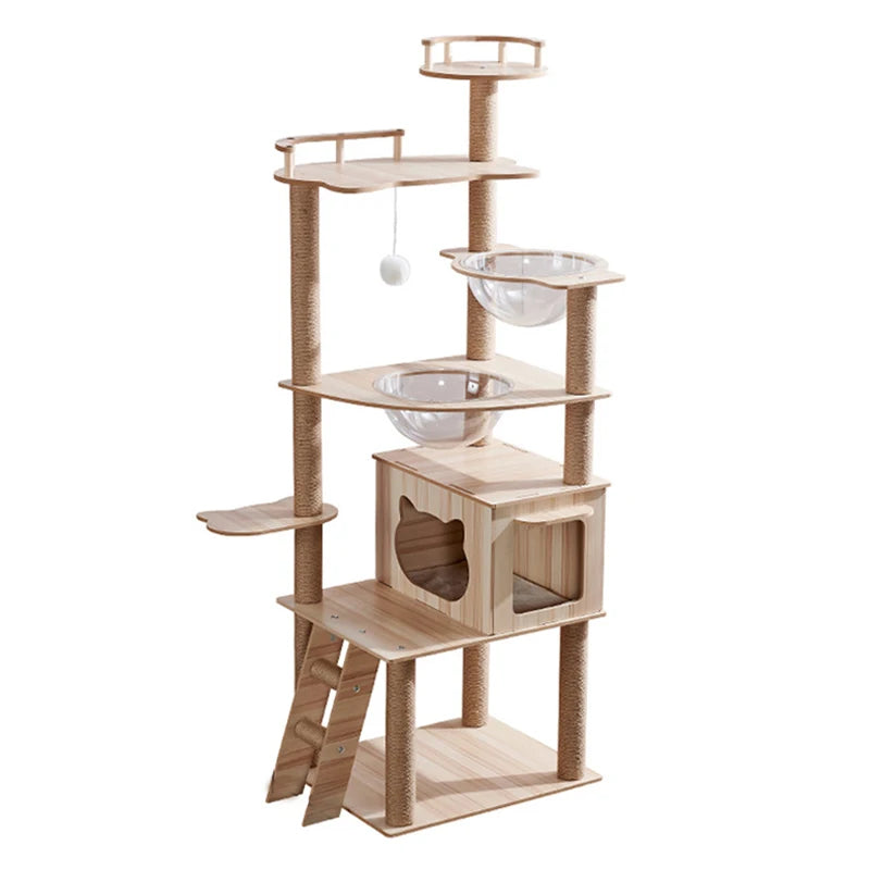 Eco-Friendly Cat Scratcher Tower with Sisal Posts and Wood Frame Cat Toys Tree Hammock Climbing Frame Carton Packed