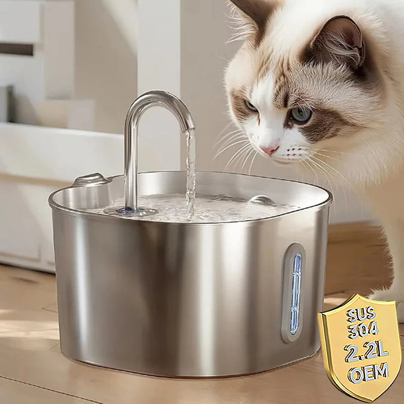 OEM 2.2L Stainless Steel Cat Water Fountain for Cats Quiet Auto-Circulating Pet Water Dispenser with Water Level