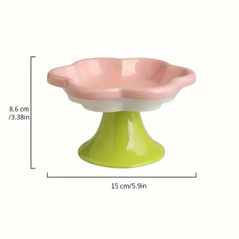 Ceramic Cat Bowl Flower Design Cat Food Bowl High Foot Water Plate Snack Dish with Stand for Neck Protection Drinking Water