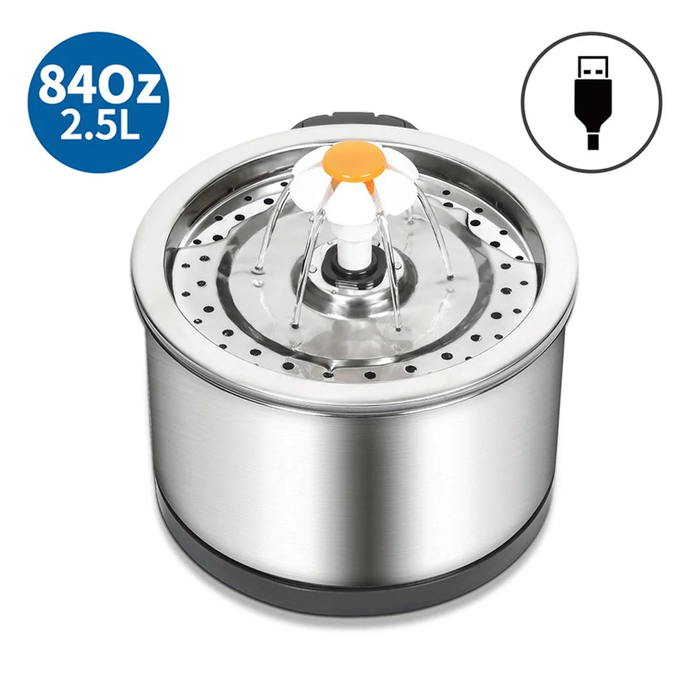 Ultra Quiet 2.5L Stainless Steel Pet Cat Water Fountain LED Light Eco-friendly Automatic Recirculation Filtration System Stylish