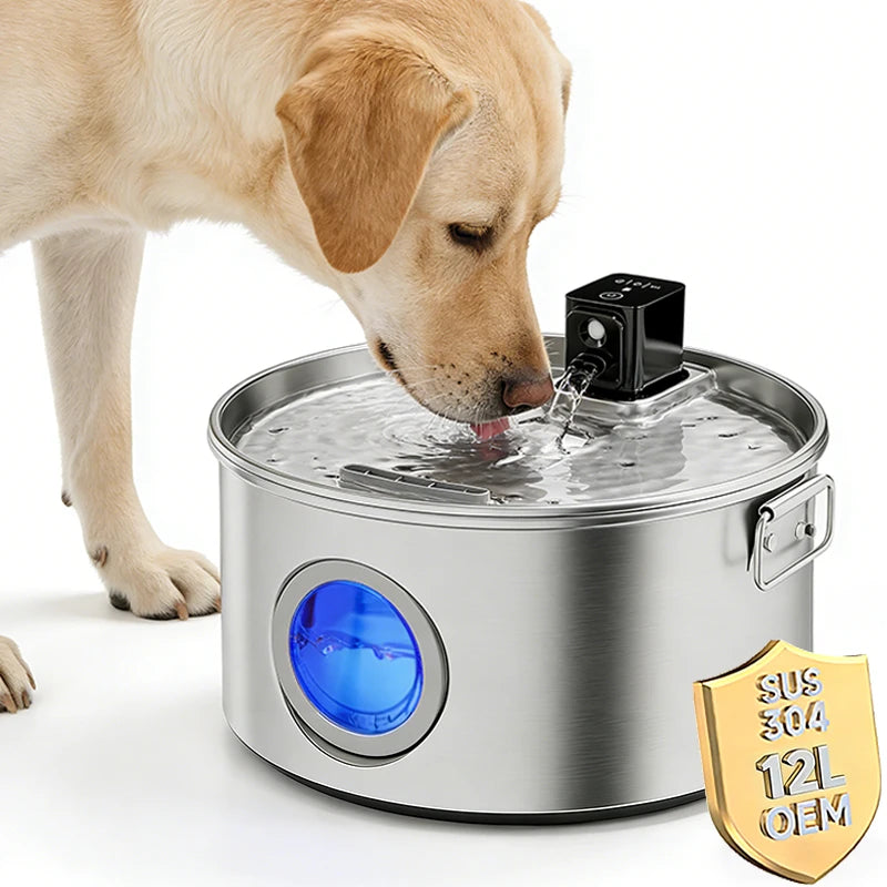 12L Large Dog Water Fountain Stainless Steel 4000mah Wireless Quiet Pet Cat Water Fountain with Motion Sensor for Multi Dogs Cat