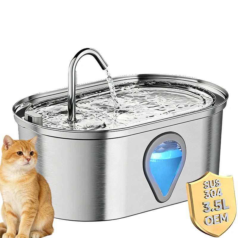 3.5L Stainless Steel Cat Water Fountain with Water Level Window Pet Fountain Cat Dog Water Dispenser for Multiple Cats Fountain