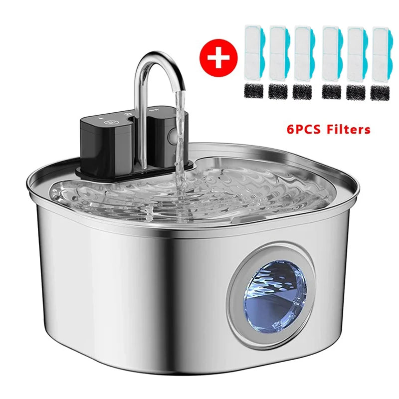 4000MAh Wireless Cat Water Fountain Rechargeable Faucet Stainless Steel Battery Sensor Cat Fountain 3.2L/108oz with 6pcs Filters