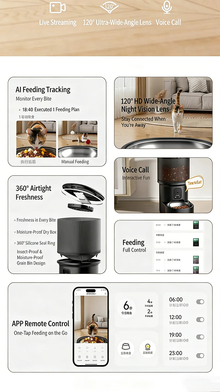 OEM 4L Automatic Cat Feeder with Camera 2.4G WiFi Pet Food Dispenser Smart Voice Recorder APP Control with Stainless Steel Bowl