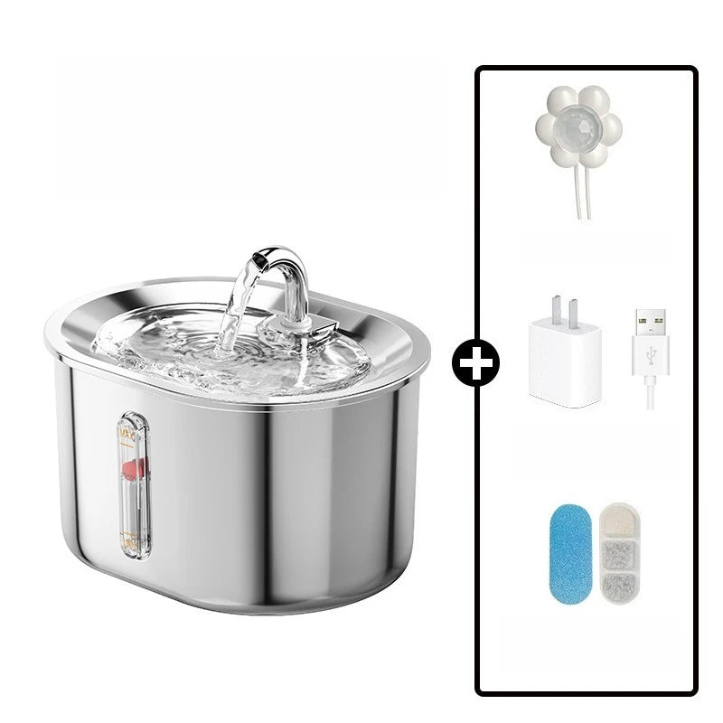 2.5L/85oz Cat Water Fountain Stainless Steel Automatic Cat Water Dispenser with Water Level Window Cat Fountain