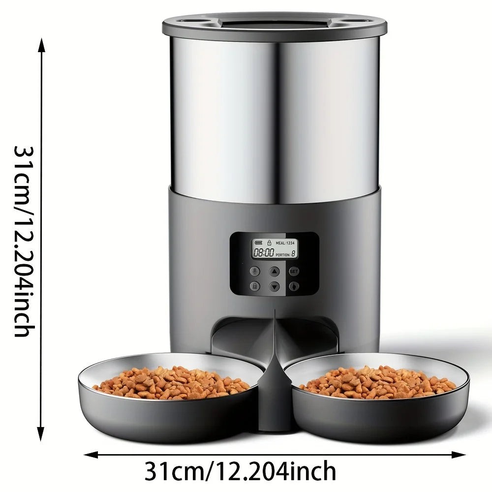 Dual Bowls Automatic Pet Feeder for Cats and Small to Medium Dogs 4.5L Stainless Steel Dispenser with Dual Power Button Control