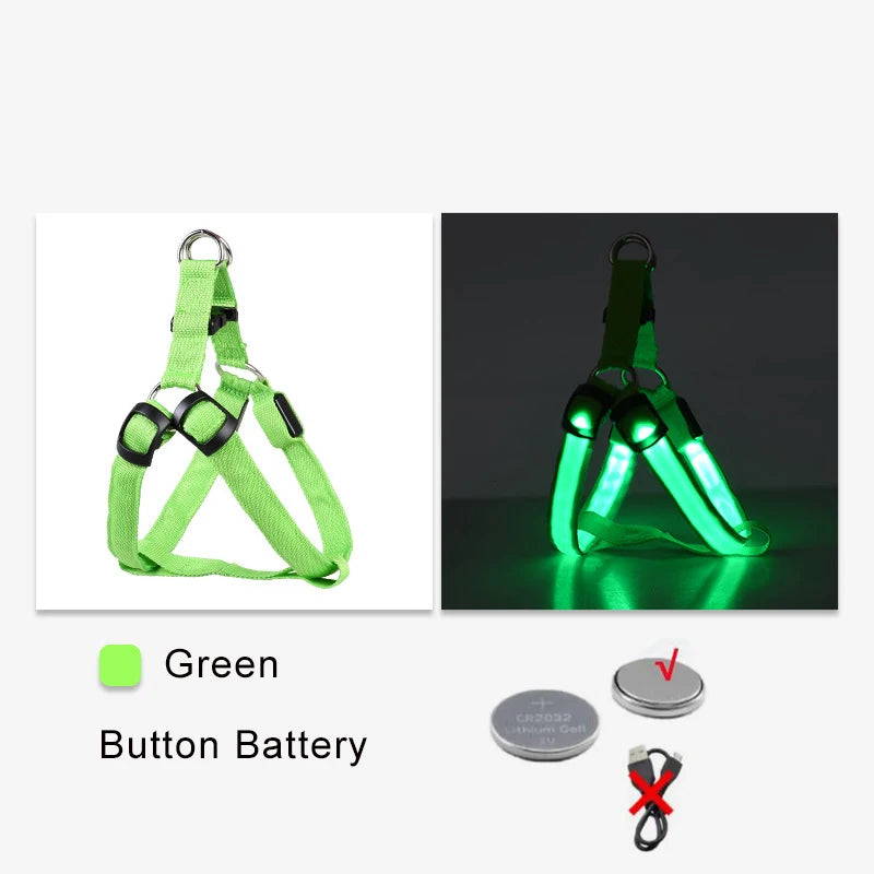 LED Reflective Dog Harness with Lights Nylon Button Battery Pet Safety Vest Adjustable Glowing Dog Harness