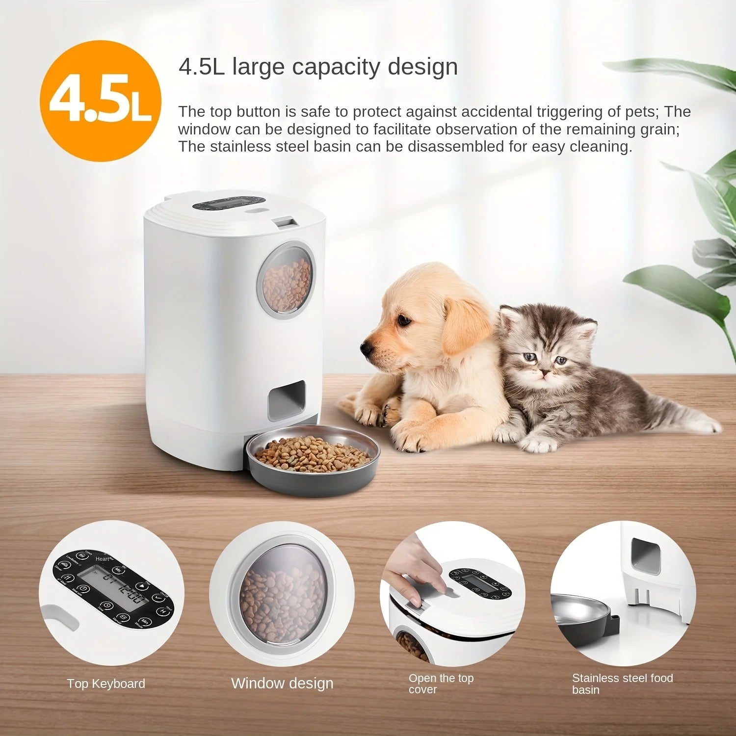 4.5L Automatic Dog Feeder Smart Pet Feeder for Cat and Dogs Auto 4 Meals Feeding Button Control Smart Dog Feeder