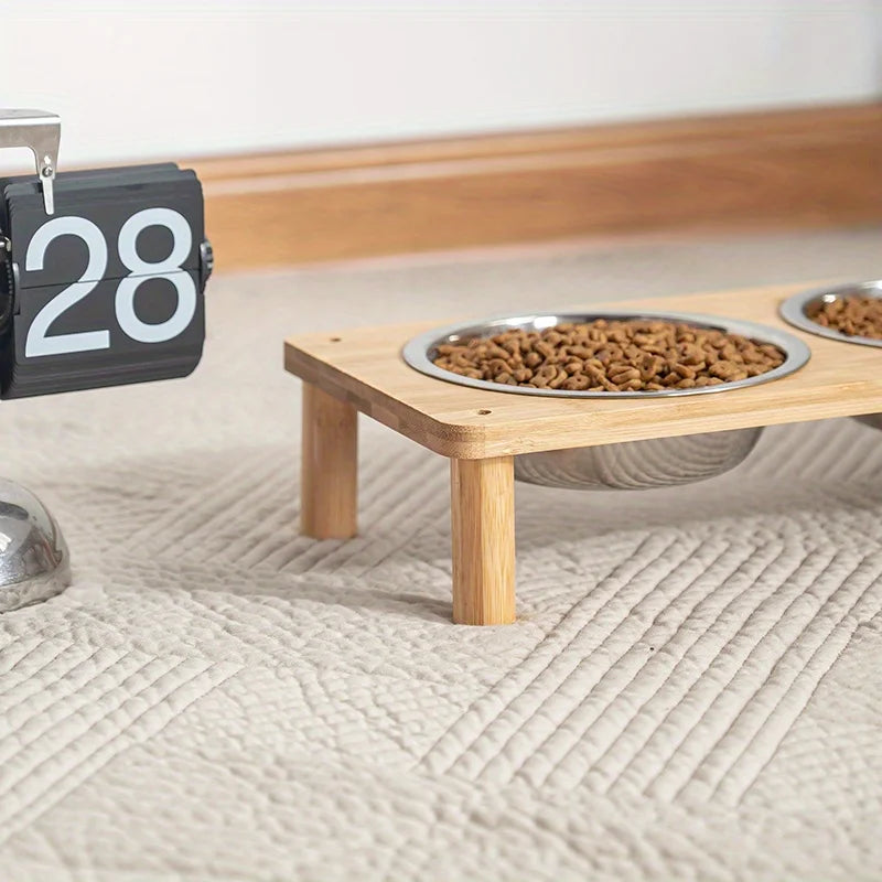 3 Bowls Natural Bamboo Elevated Cat Feeder Set with 3 Stainless Steel Bowls Anti-Vomiting Design for Indoor Pet Feeder