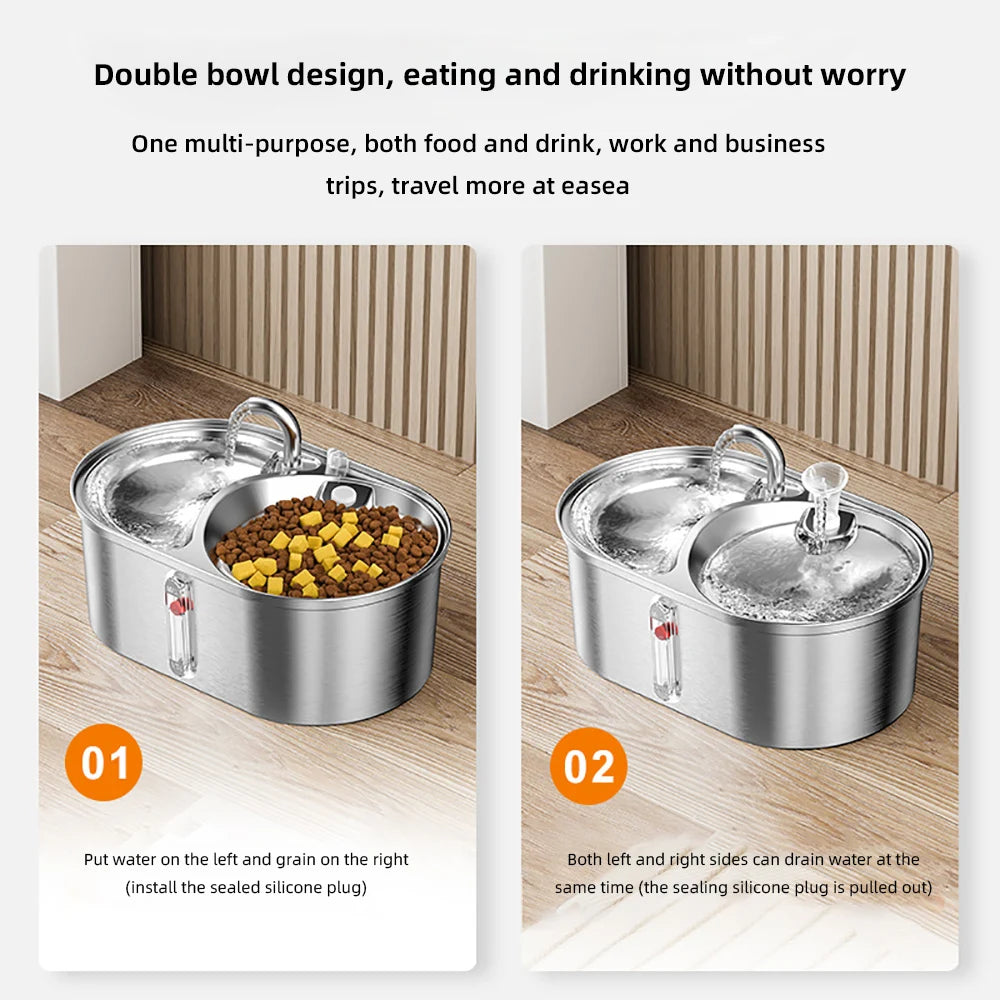 3L Cat Water Fountain with Food Storage Dog Feeder Two Bowls Stainless Steel Smart Cat Water Drinking Bowl Pet Water Dispenser