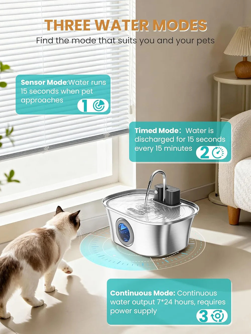 3.2L Wireless Automatic Cat Water Fountain Stainless Steel 4000mAh Battery USB Chargeable Motion Sensor Pet Water Fountain