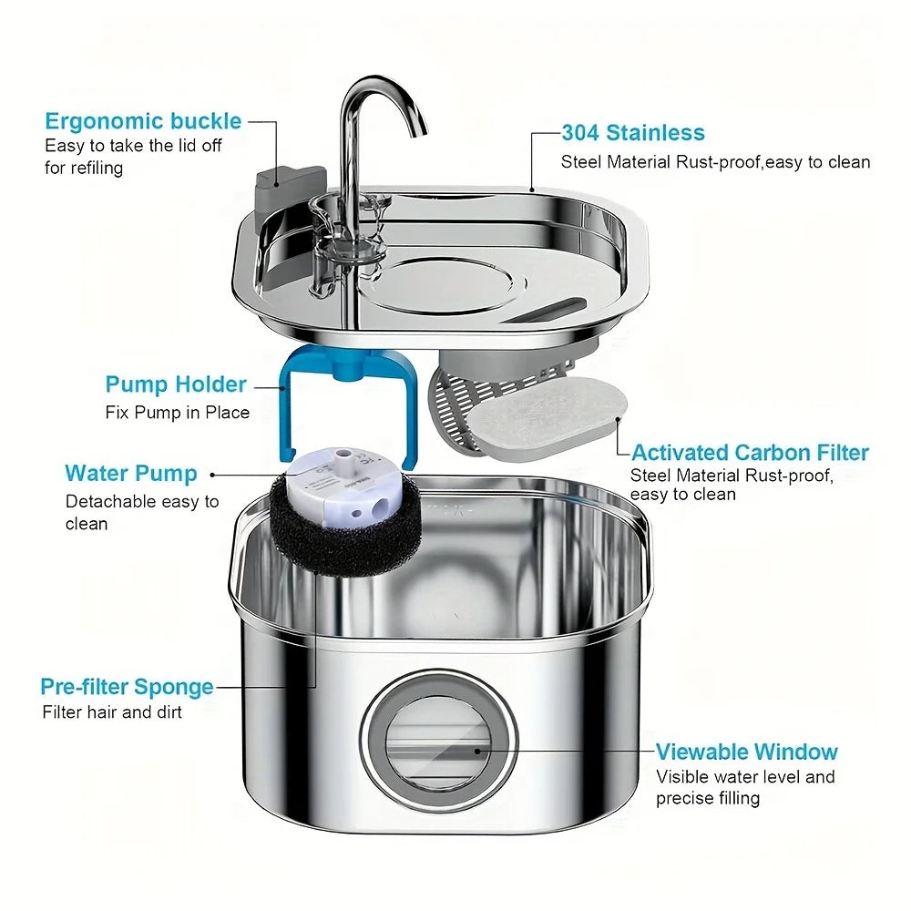 4pcs Filter Cat Water Fountain 3.2L/108oz Stainless Steel Automatic Visual Window Water Dispenser Dog Water Fountain with Filter