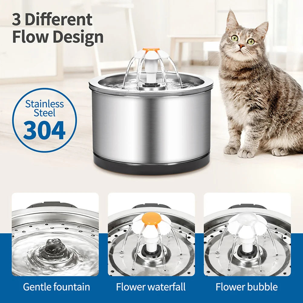 Ultra Quiet 2.5L Stainless Steel Pet Cat Water Fountain LED Light Eco-friendly Automatic Recirculation Filtration System Stylish