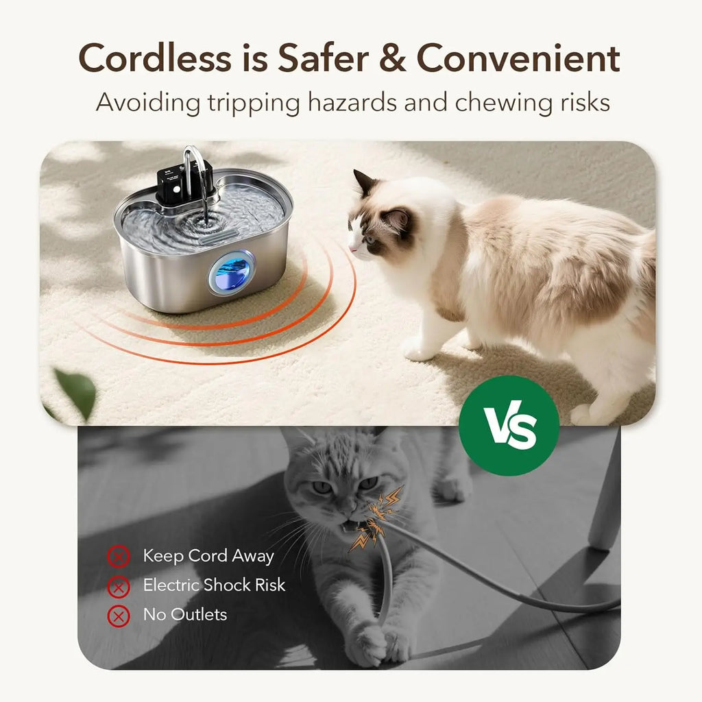 Cat Water Fountain Stainless Steel 108oz/3.2L Battery Wireless Cat Fountains for Drinking Indoor Automatic Pet Water Dispenser