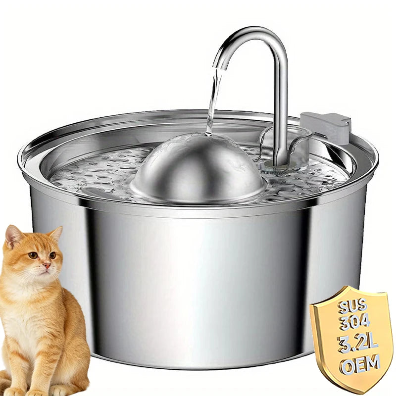 3.2L Ultra-Quiet Stainless Steel Cat Water Fountain Eco-Friendly Luxurious Pet Drinking Fountain with Automatic Filter Sensor