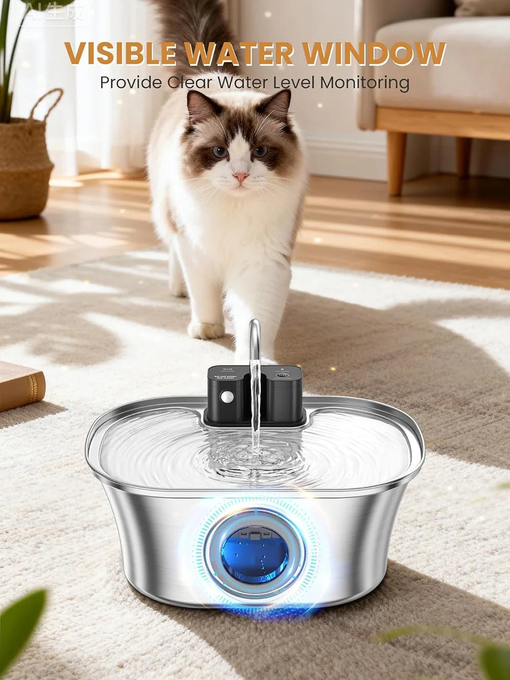 3.2L Wireless Automatic Cat Water Fountain Stainless Steel 4000mAh Battery USB Chargeable Motion Sensor Pet Water Fountain