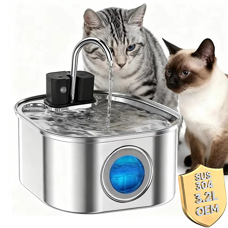 OEM Indoor Wireless Luxurious Portable Stainless Steel Cat Water Fountain Smart Quiet Charge 3 Flow Modes Multi-layer Filtration