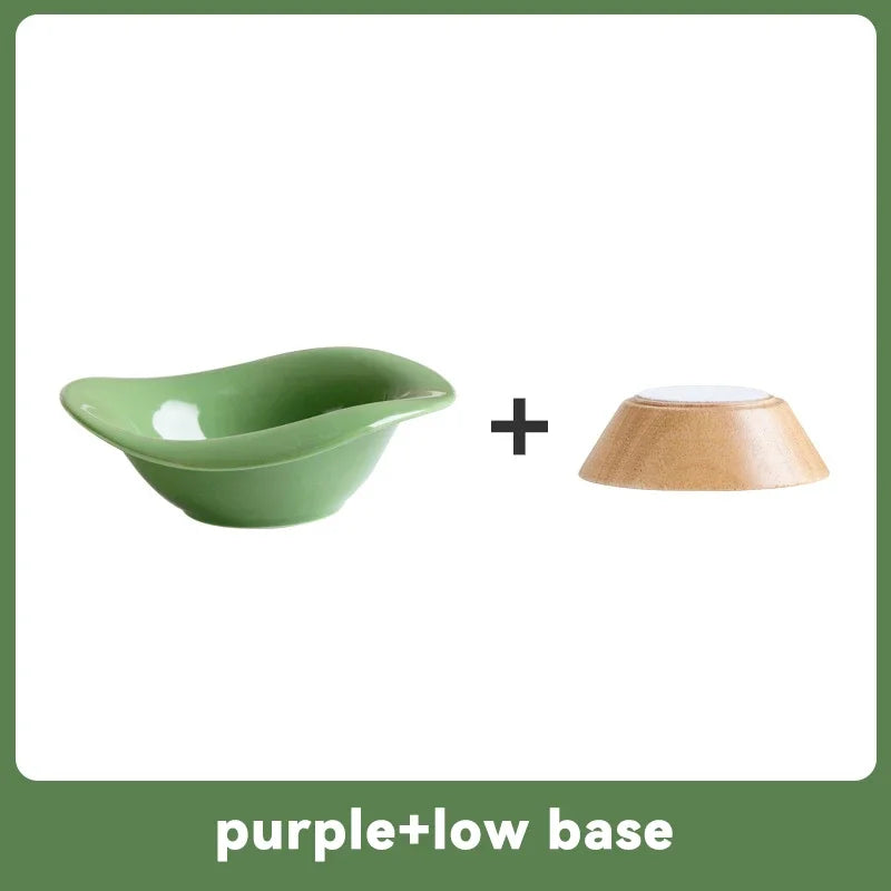 Raised Tilted Cat Food Water Bowl Pet Dog Elevated Drinking Eating Bowls with Wooden Stand Puppy Kitten Feeding Ceramic Cat Bowl