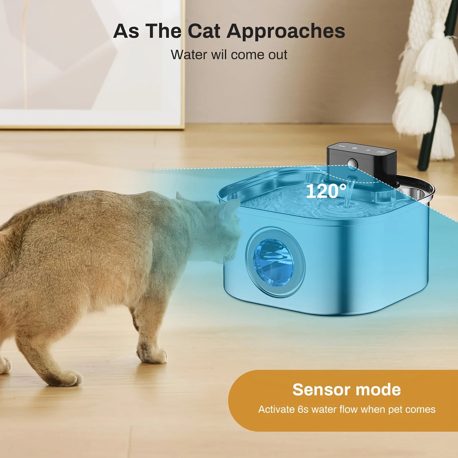 OEM ODM 3.2L Stainless Steel Wireless Automatic Cat Water Fountain Cordless 4000mah Battery Power Portable Motion Sensor Indoor