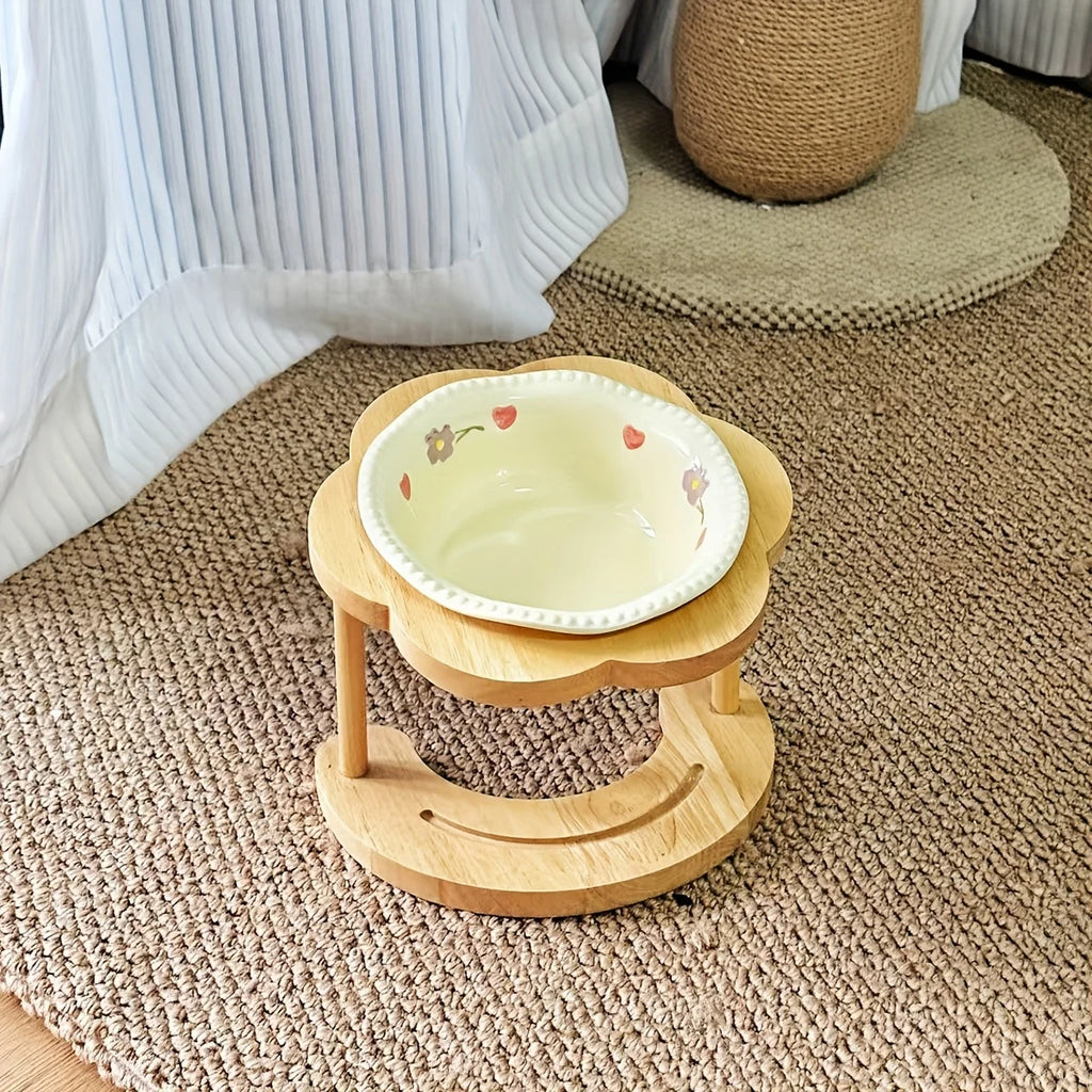 Ceramic Cat Bowl with Wooden Floral Stand Elevated Anti-Slip Pet Feeding Dish Thickened Cute Pet Bowl Set for Cat & Dog