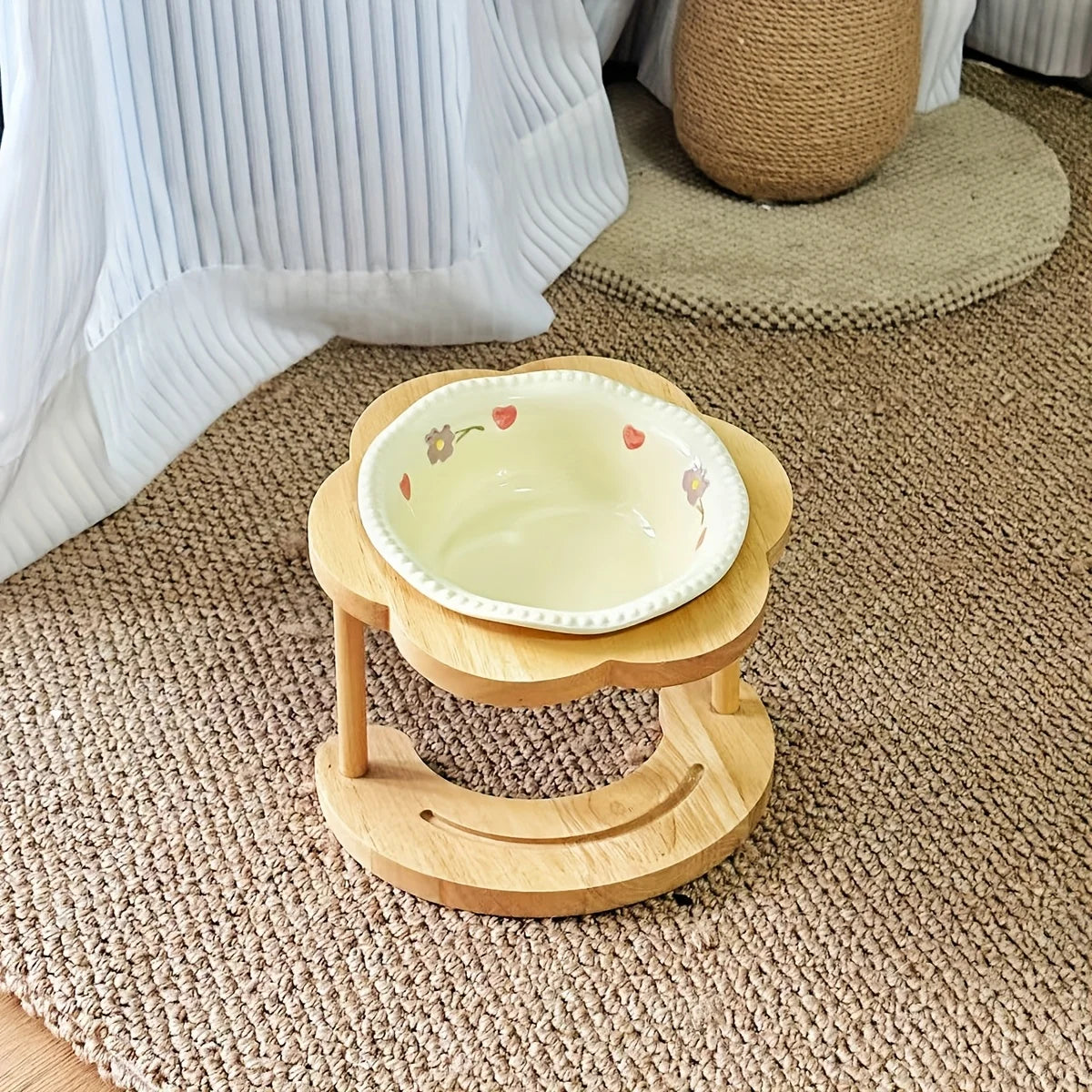 Ceramic Cat Bowl with Wooden Floral Stand Elevated Anti-Slip Pet Feeding Dish Thickened Cute Pet Bowl Set for Cat & Dog