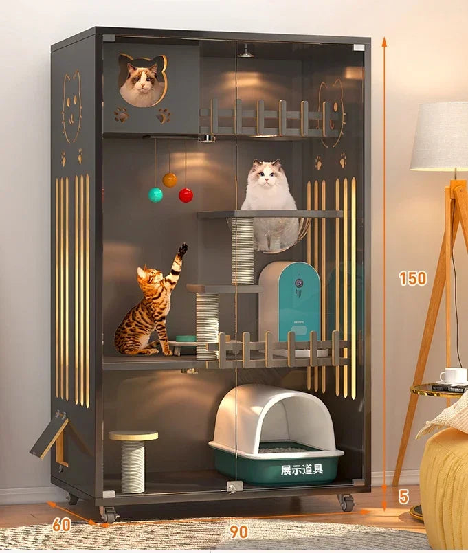 Retro Solid Wood Cat Cage for Living Room Cat House Two-layer One-piece Movable Light Luxury Creative Household Cage for Cats