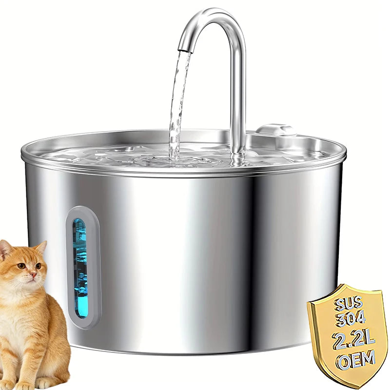 2.2L Stainless Steel Cat Water Fountain with Automatic Pump & Filter Indoor Drinking Fountain Ultra-Silent Smart Water Fountains