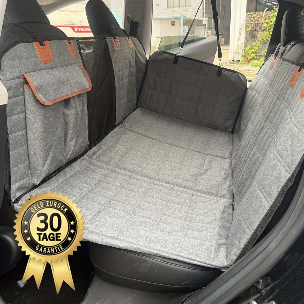 Custom Durable Fabric Dog Car Seat Cover with Extended Support Board Quilted Gray Design Straps & Metal Rings for Secure