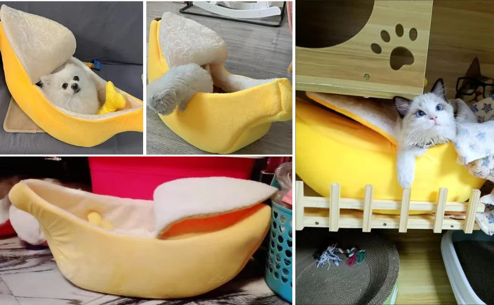 Banana Cat Bed House Cute Funny Cozy Cat Mat Beds Warm Durable Portable Pet Basket Kennel Dog Cushion White Lining Multicolor