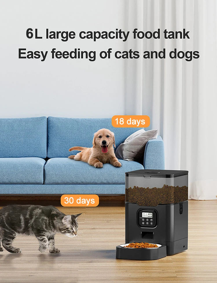 6L Stainless Steel Solid Automatic Cat Feeders Timed Dry Food Dispenser with Button Control 10s Voice Recorder Smart Pet Feeder