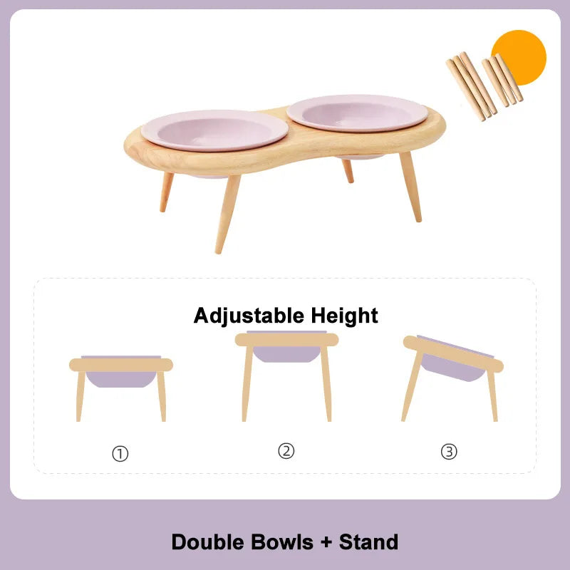 Ceramic Cat Bowl with Wood Stand High Shelf Tableware Set Puppy Double Food Bowls Small Dog Water Bowl Cat Feeder Pet Supplies