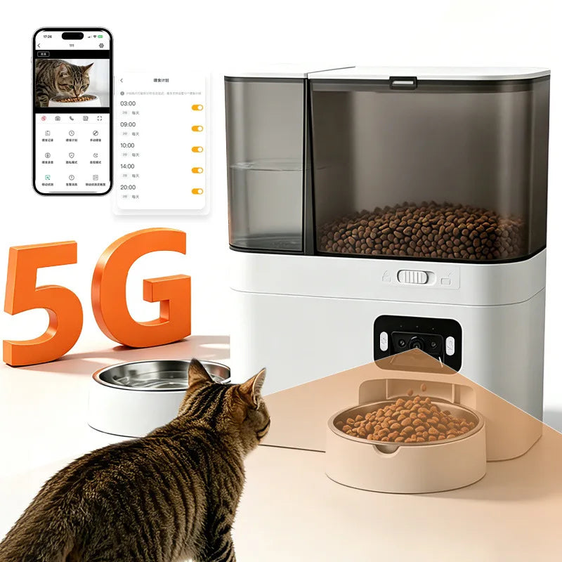 2026 New 5L Automatic Cat Feeder with Stainless Steel Water Bowl Dog 5G Smart Pet Feeder with Camera Voice Interaction OEM ODM