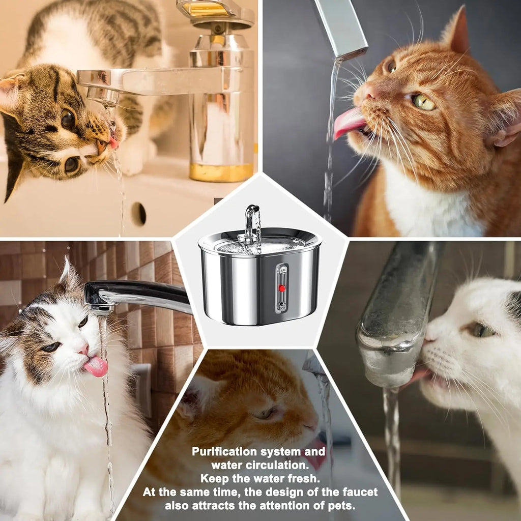 2.5L/85oz Cat Water Fountain Stainless Steel Automatic Cat Water Dispenser with Water Level Window Cat Fountain