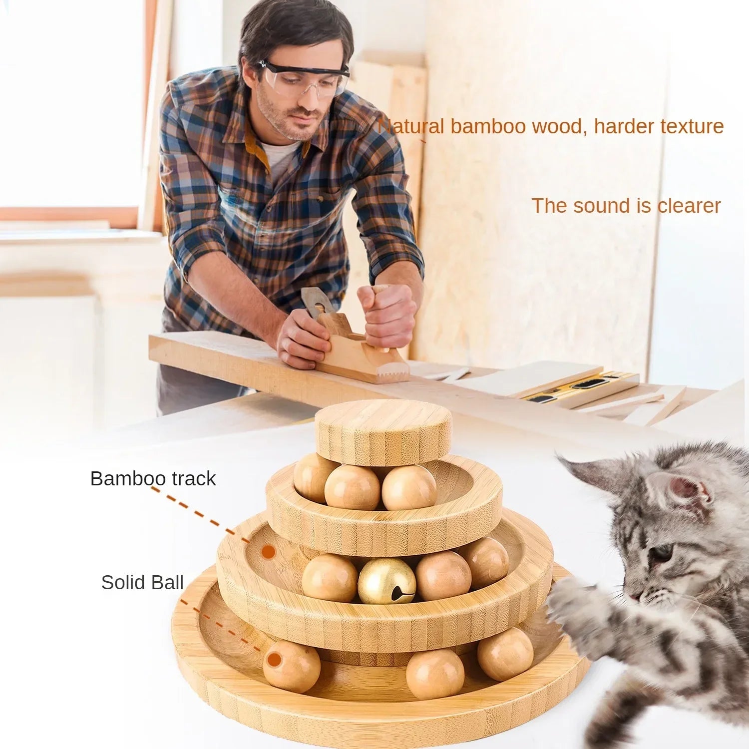 Interactive Cat Toy Rotary Table Solid Wood Pet Playing Stick Bell Baby Cat Automatic Cat Play Ball Pet Supplies