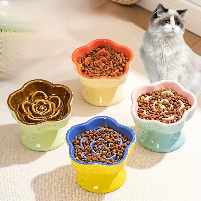 Colorful High-Footed Slow Feeder Ceramic Cat Bowls Anti-Spill Neck Protecting Pet Bowl for Small Dogs and Cats
