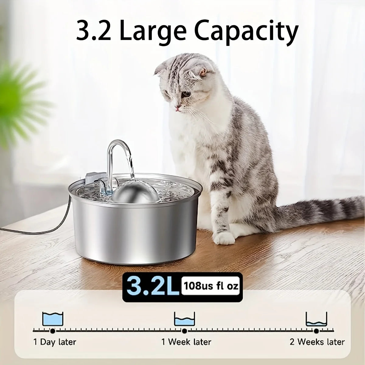 3.2L Ultra-Quiet Stainless Steel Cat Water Fountain Eco-Friendly Luxurious Pet Drinking Fountain with Automatic Filter Sensor