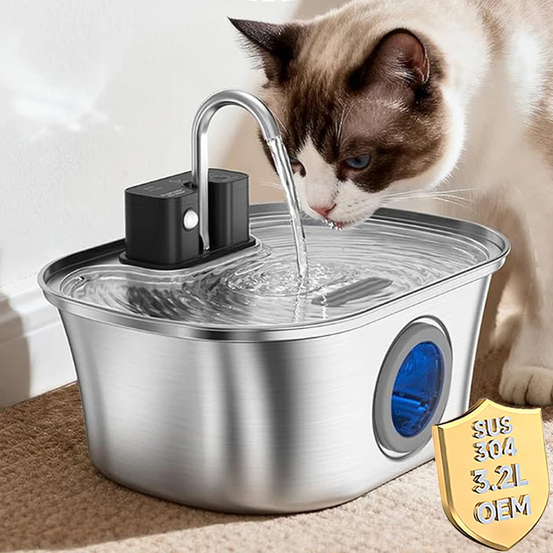 3.2L Wireless Automatic Cat Water Fountain Stainless Steel 4000mAh Battery USB Chargeable Motion Sensor Pet Water Fountain
