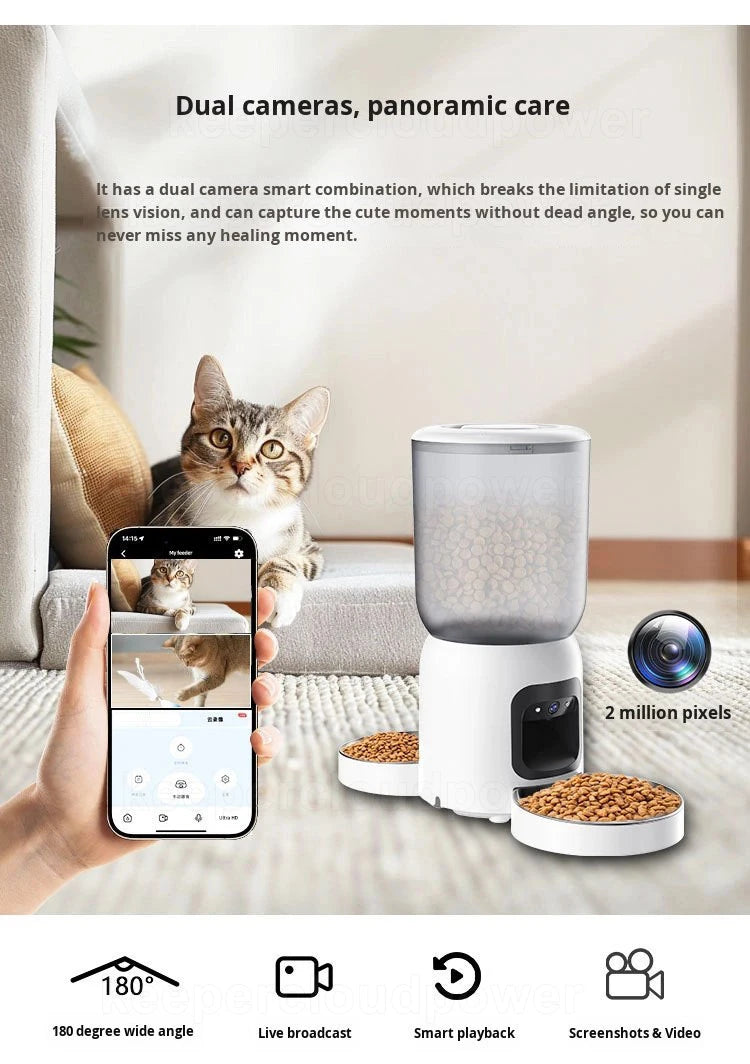 OEM 6L Automatic Feeder with Camera Dual Bowls Smart Pet Feeder Dual Camera Monitoring APP Remote Calling Timing Voice Recording