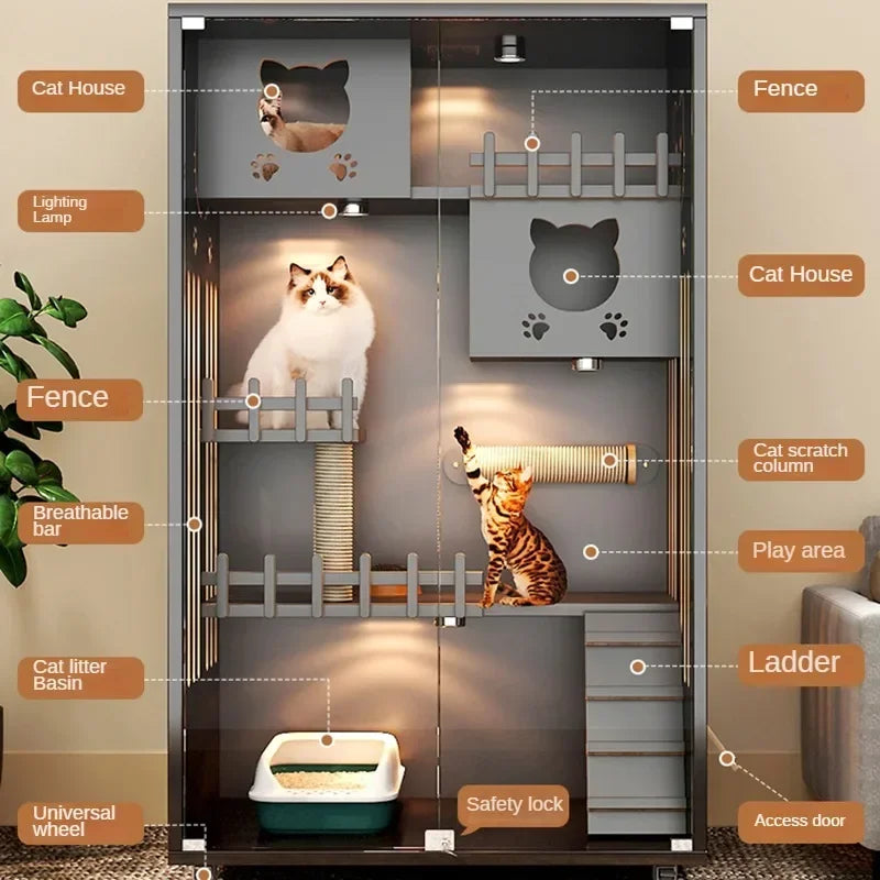 Retro Solid Wood Cat Cage for Living Room Cat House Two-layer One-piece Movable Light Luxury Creative Household Cage for Cats
