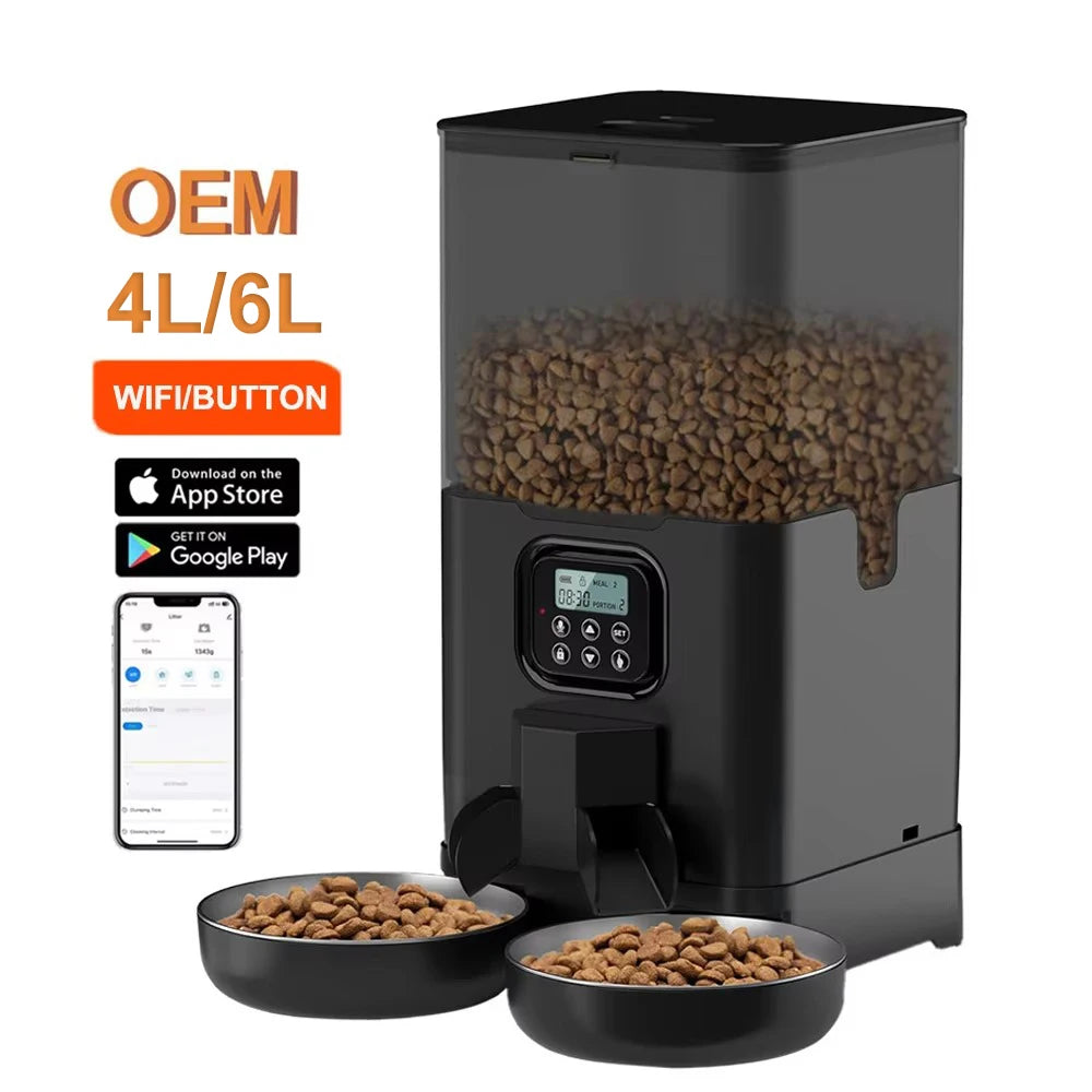 4L/6L OEM Dual Bowls Automatic Dog Feeder WIFI Control Pet Feeder with Stainless Steel Bowl Timed Memory Dog Dry Food Dispenser
