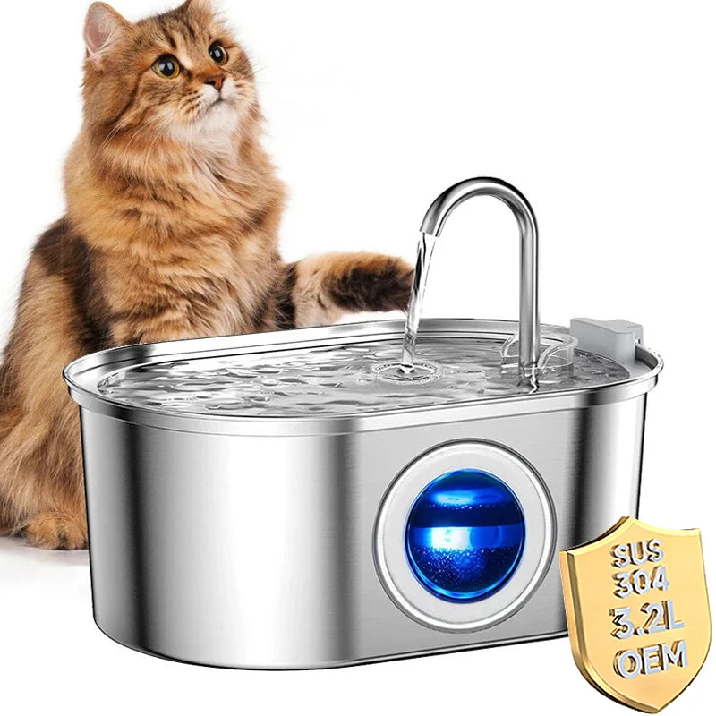 3.2L Stainless Steel Cat Fountain with Water Level Window USB Charging Pet Water Fountain Cat Dog Water Dispenser for Cat