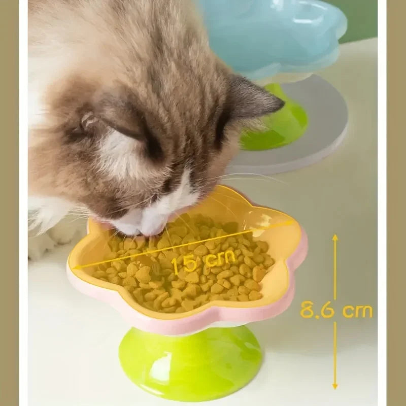 Ceramic Cat Bowl Flower Design Cat Food Bowl High Foot Water Plate Snack Dish with Stand for Neck Protection Drinking Water