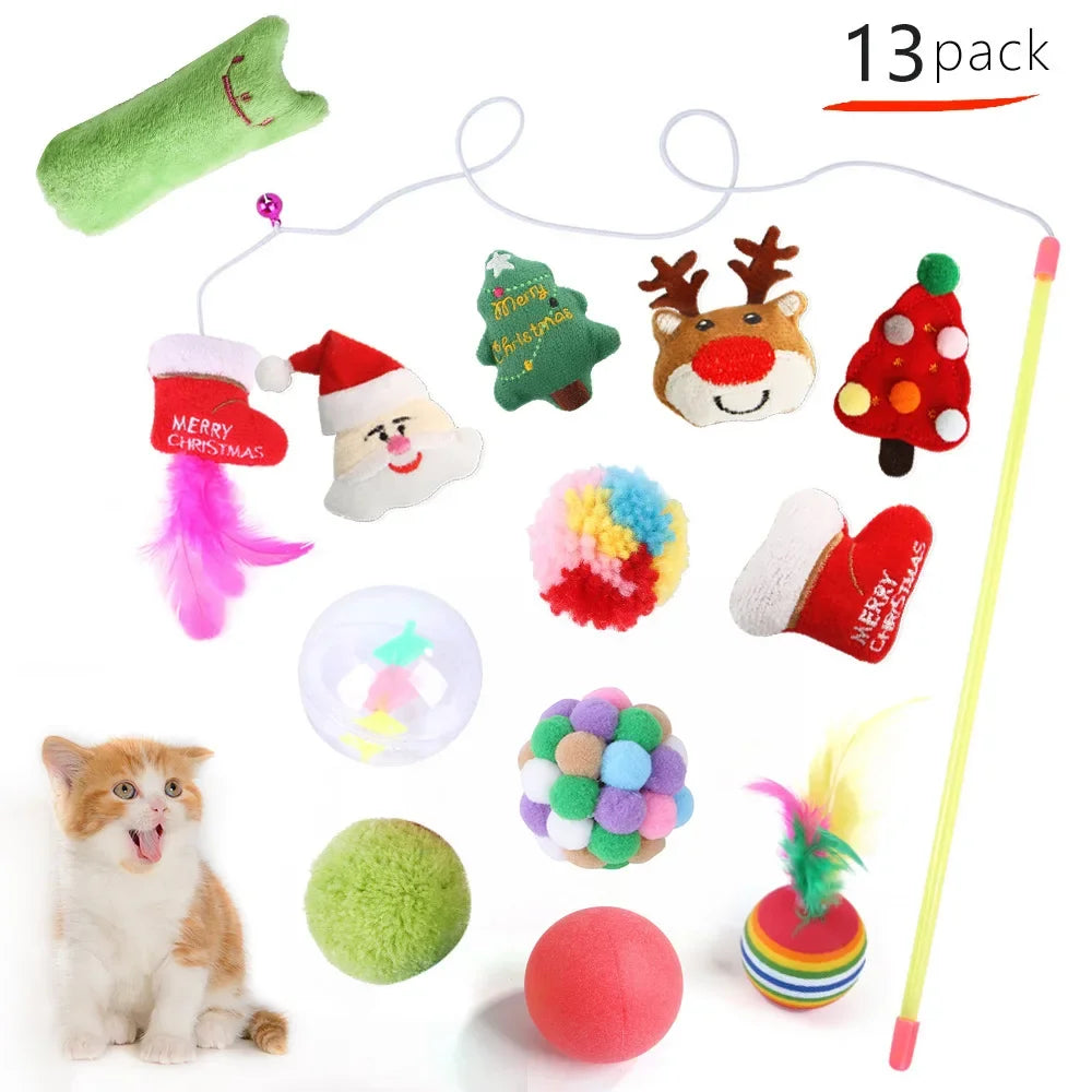 Merry Christmas Santa Claus Teaser Stick Ball Feather Plush Toy Set Wholesale Cat and Dog Products Christmas Gift for Pets